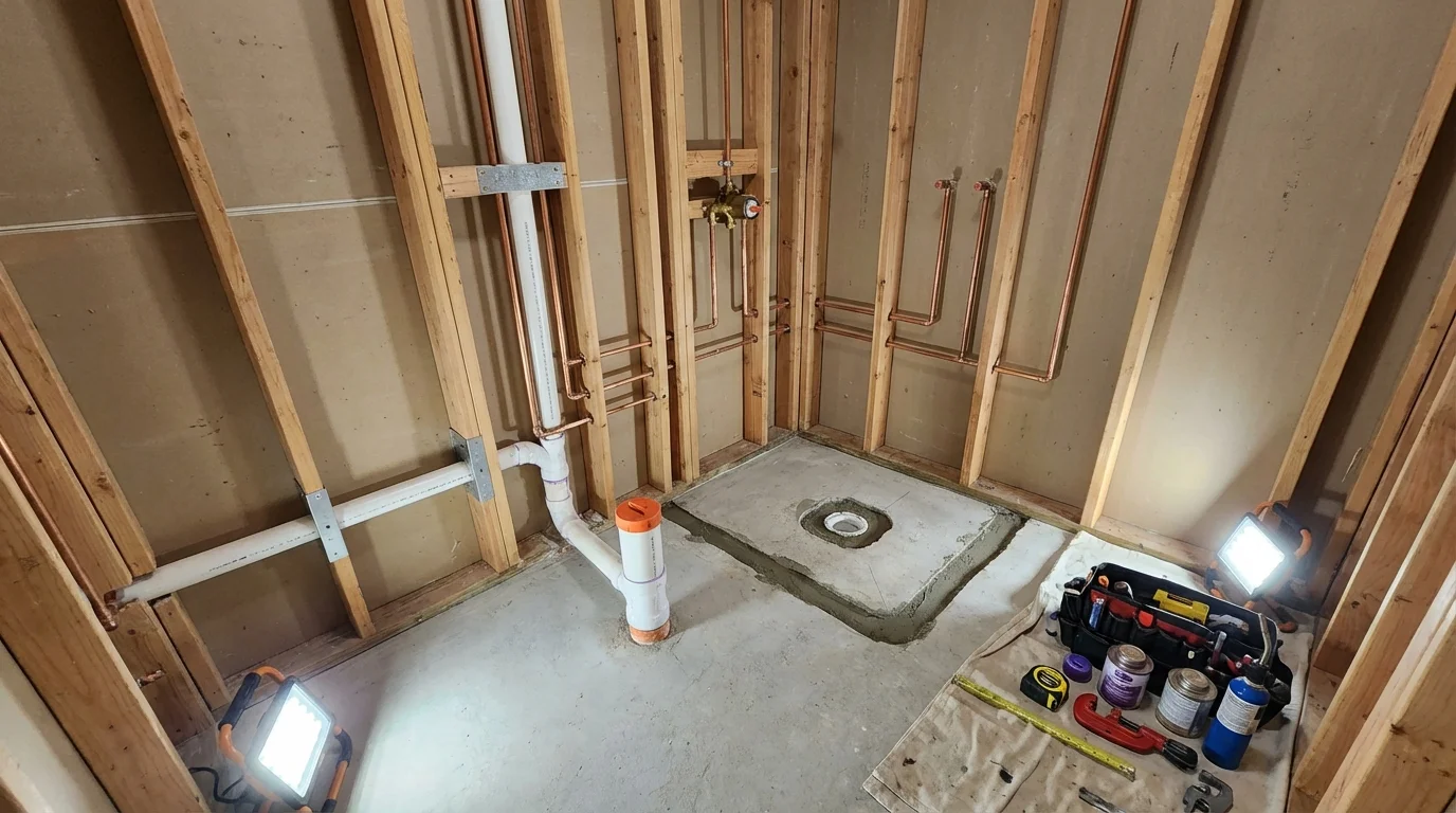 Bathroom rough-in plumbing during remodel by Johns Plumbing LLC in Bonners Ferry
