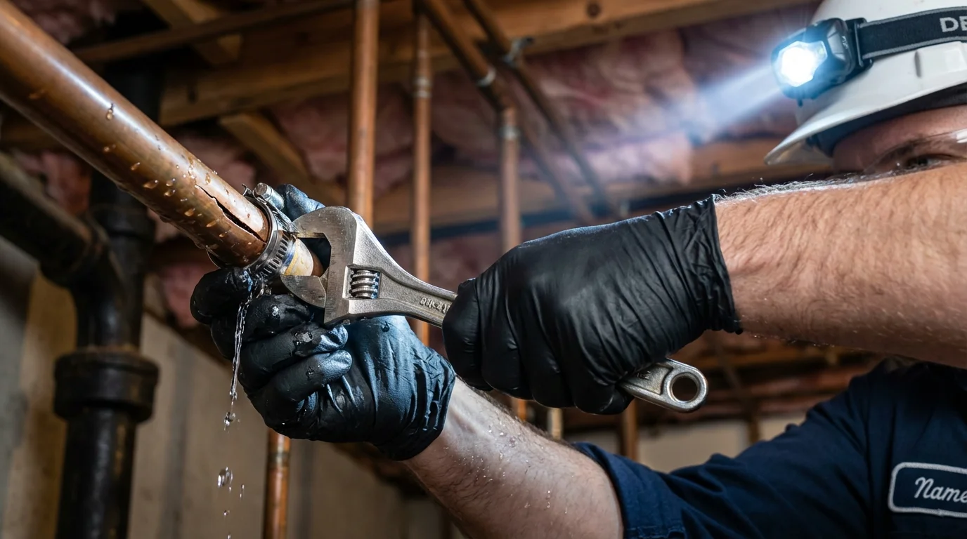 Emergency pipe clamp repair being performed by a Johns Plumbing LLC plumber in Bonners Ferry