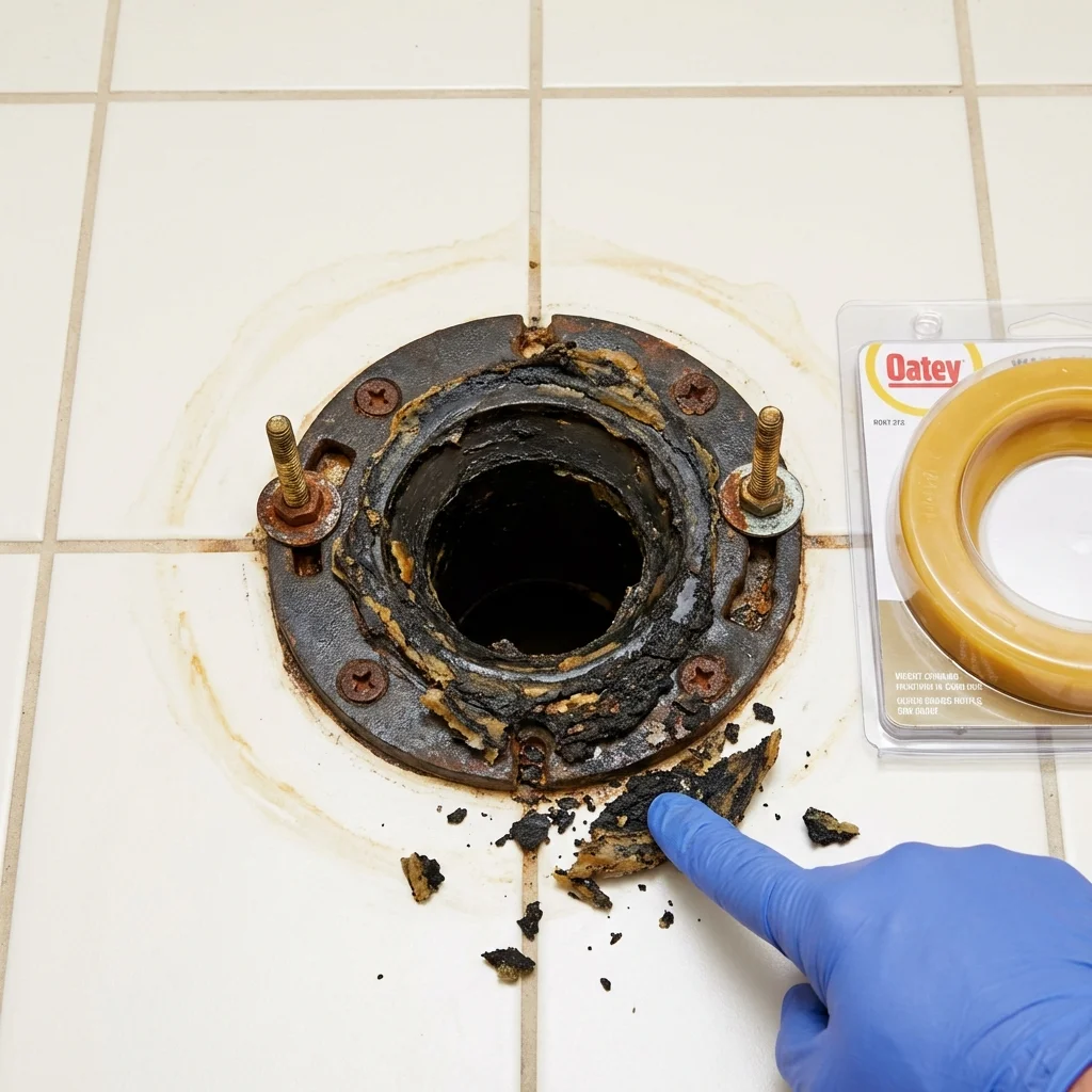 Failed wax ring showing water seepage at the base of a toilet in a Bonners Ferry, ID home