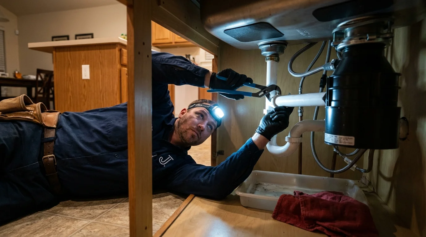 P-trap and supply line connections under a kitchen sink showing a common leak point in Bonners Ferry, ID